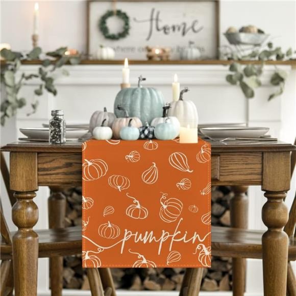 Pumpkins Fall Table Runner, Thanksgiving Kitchen Dining Table Decoration - Picture 2 of 6